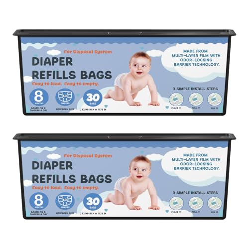 Image of Diaper Pail Refills Bags with 30 Bags Compatible with Genie Easy Roll Signature Diaper Pails and Platinum Diaper Pails, Lasts Up to 8 Months, 7-Layer Odor-Barrier Technology, 2 Packs (60 Bags)