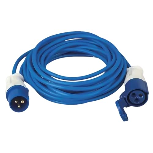 15M Extension Lead Cable, with Angle Joints - 16A 240V Mains Hook Up Cable for Campervans, Motorhomes & Outdoor Use, Blue