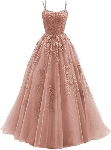 Lace Prom Dresses Long Ball Gowns Spaghetti Straps Tulle Appliques Formal Party Evening Dress for Women