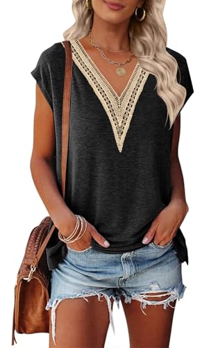 MEROKEETY Women's Casual Cap Sleeve Lace Trim V Neck Tops 2025 Su...