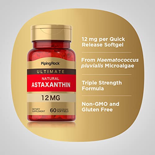 Piping Rock Astaxanthin 12Mg | 60 Softgels | Ultimate Supplement | Gluten Free, Non-Gmo #TOP3