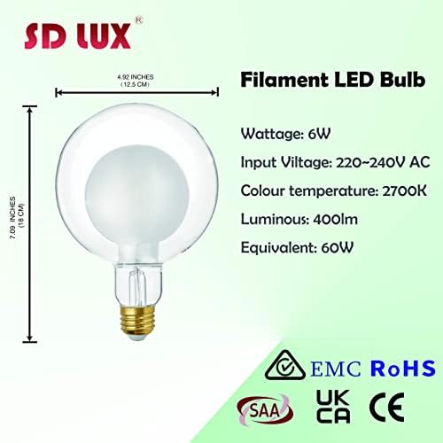 SD LUX DIMMABLE LED Bulb Vintage Globe Bulb Decorative Light Bulb Within Bulb G125 E27 6W 400LM(Equivalent) ES Screw, 1 pc (Frosted)