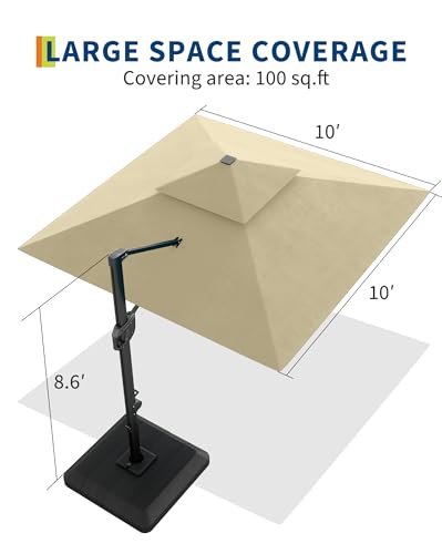 10' x 10' Heavy Duty Cantilever Patio Umbrella with Solar LED Lights & Weighted Base, 2-Tier Square Aluminum Offset Umbrella with 360-Degree Rotation for Backyard, Deck, Pool, Beige
