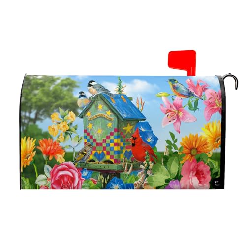 Image of Spring Summer Blooming Flowers Welcome Mailbox Covers Floral Birds Mailbox Wrap Magnetic Standard Size 25x21in Farmhouse Post Letter Box Cover for Home Garden Yard Outdoor Decor