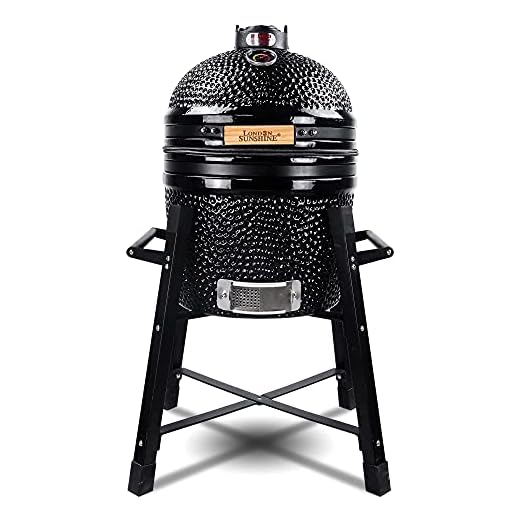 London Sunshine Ceramic Kamado Charcoal BBQ Grill and Smoker, Stainless Steel Grates -15" Ceramic with Tall Stand (BLACK)