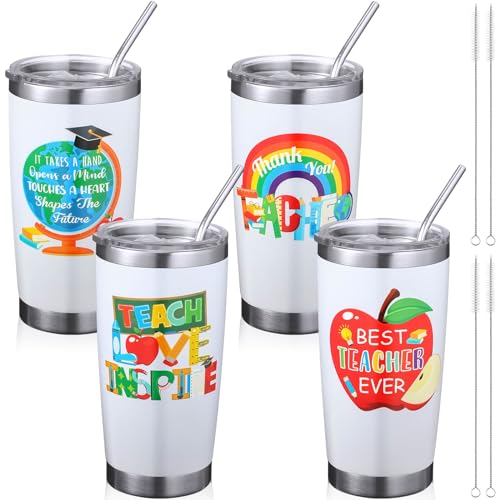 Layhit 4 Pcs Teacher Appreciation Gifts Tumblers Bulk Best Teacher Ever 20 oz Stainless Steel Insulated Cups with Lid Straw Brush Inspirational Thank You Birthday Gifts (White)
