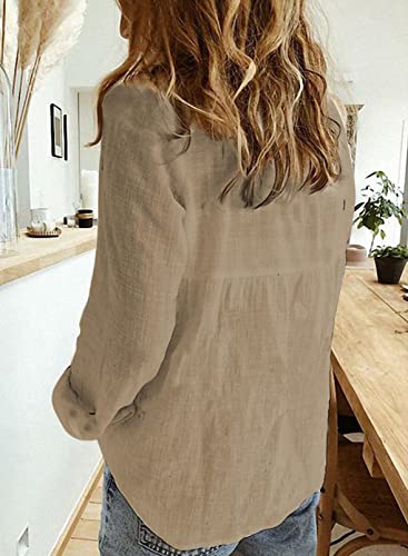 Astylish Women V Neck Solid Roll Up Sleeve Collared Shirts Blouses Summer Linen Tops for Teen Girls Khaki Large