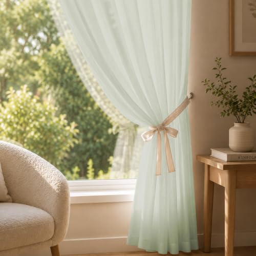 Image of LINENWALAS Aesthetic Sheer Curtains 8 Feet Long Set of 2, Poly Linen Shrink & Fade Proof Drapes for Semi Long Door, Semi Transparent Modern Panels with Rod Pocket Hanging for Living Room (Sage Green)