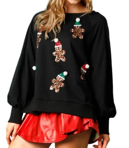 Image of Eimmao Women Christmas Sweatshirts Sequin Long Sleeve Tops (Black-C, M)