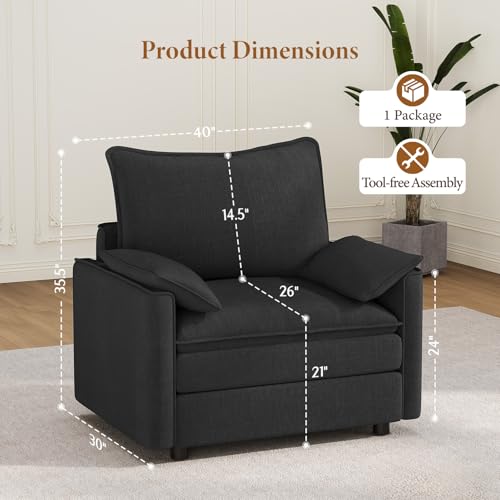 Image of Vesgantti 40 inch Single Seat Sofa, Comfy Cloud Couch Deep Seat Upholstered Couch Chenille Modern Sofa with Armrest Pillows, Easy Assembly for Living Room, Bedroom and Apartment, Black