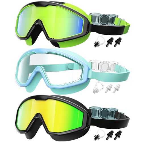 QALLY Kids Goggles Age 4-16, Anti-Fog UV 180°Clear View Kids Swim Goggles, 3 Pack Swimming Goggles Waterproof Pool Goggles for Boys Girls Toddler Kids Youth