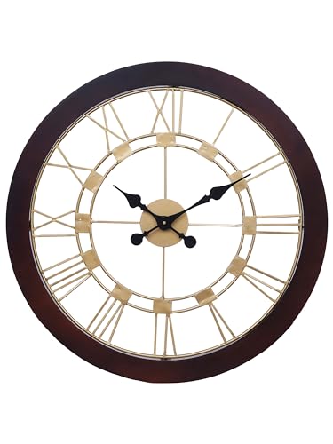 Image of CHRONIKLE Elegance Round Rosewood Wooden Wall Hanging Clock Analog Roman Numerals Golden Dial Iron for Home Office Decor Living Room Bedroom (Size: 59 x 4.5 x 59 CM | Weight: 3010 Gram)