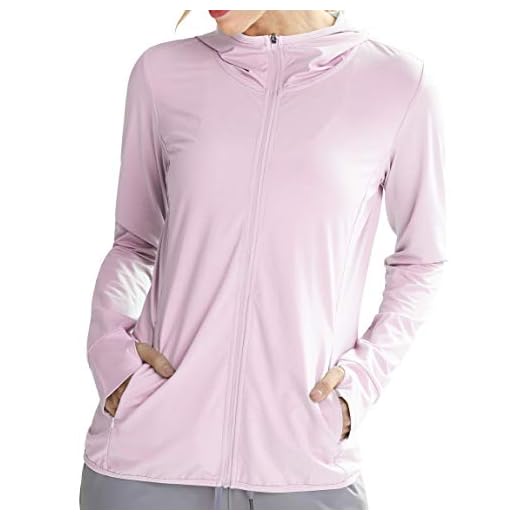 Libin Damen UPF 50+ Sonnenschutz Hoodie Full Zip Laufshirt Langarm Sun Shirt Sportshirt für Running Wandern Outdoor Surfen mit Taschen, Hellrosa L