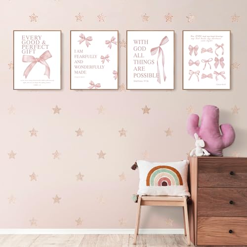 Image of LARTSFRO Coquette Pink Bow Wall Art Decor Posters, Blush Pink Bow Room Bedroom Bathroom Dorm Wall Art Decor Aesthetic for College Teen Girls Gifts, Inspirational Bible Verses Bow Wall Decor, 10x8 Inch Set of 4 Pcs Bow Pictures (UNFRAMED)