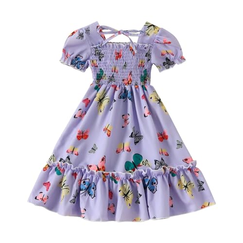 Girls Short Bubble Sleeve Butterfly Print Smocked Ruffle Dresses for Tween Girl Casual A-Line Midi Party Clothing