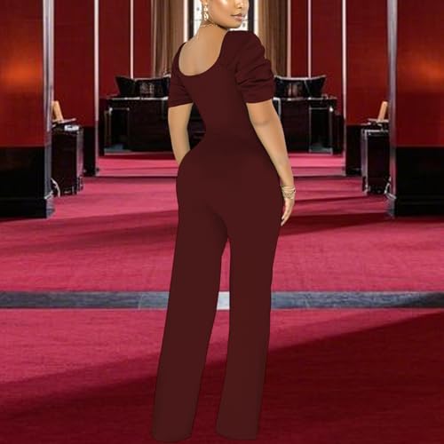 Image of PaladMom Womens Elegant Plus Size Jumpsuits Sexy Back zipper Short Sleeve Mid Waist Wide Leg Straight Rompers