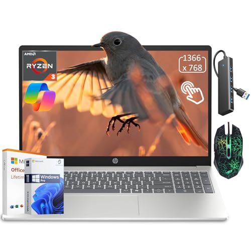 HP 15.6 inch Touchscreen Laptop, AMD Ryzen 3 7320U, 8 GB RAM, 512 GB SSD, AMD Radeon Graphics • Win 11 Pro Laptop with Lifetime MS, USB HUB, Seibosfy