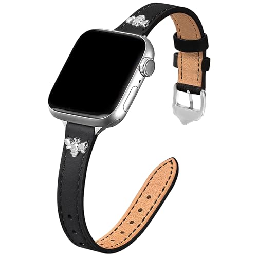 Image of JR.DM Slim Leather Bands Compatible with Apple Watch Band 38mm 40mm 41mm 42mm 44mm 45mm 46mm 49mm, Genuine Leather Band with Charms, Feminine Design for Iwatch Ultra SE Series 11 10 9 8 7 6 5 4 3 2 1