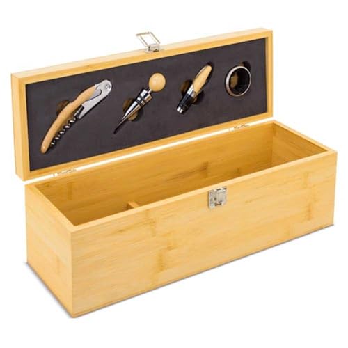 Set de Vino en Caja de Madera de Bambú – Estuche Regalo con Accesorios para Vino – Sacacorchos, Tapón, Cortacápsulas y Dosificador – 36 × 12 × 12 cm. Para amantes del vino.