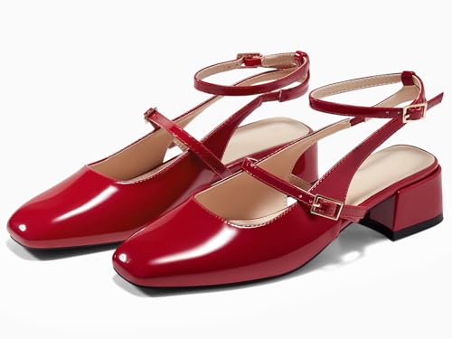 Image of Coutgo Womens Mary Jane Chunky Low Heels Closed Square Toe Ankle Strap Pumps Wedding Party Dress Shoes