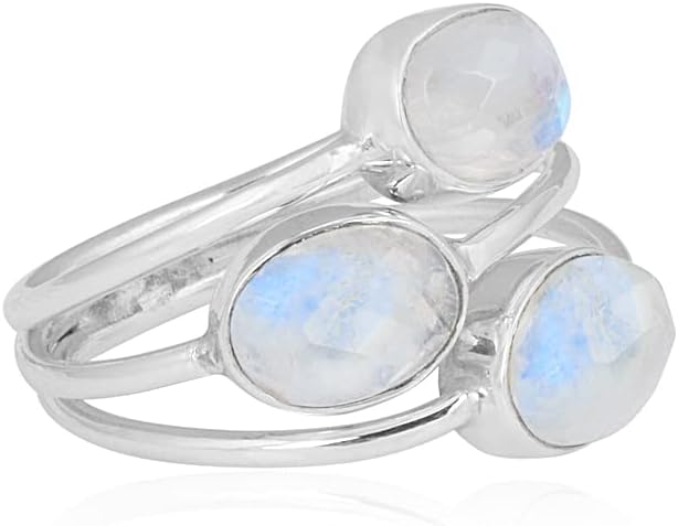 Moonstone Solid 925 Sterling Silver Three Stone Bypass Ring Jewelry