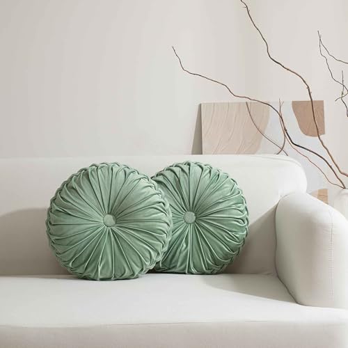 HIG Set of 2 Decorative Round Pleated Throw Pillows, Classy Accent Pumpkin Throw Pillows with Center Button, Vintage Velvet Floor Pillows for Sofa Vanity Chair Bed, Sage, 14.5" Diameter(Ripple)