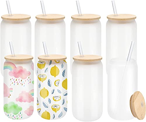 LATERN 8 Piezas Latas de Vidrio para Sublimación, 520ml Lata de Cerveza de Sublimación Esmerilada Vasos de Borosilicato Tarro de Albañil Tazas de Taza con Tapas de Bambú y Pajilla Reutilizable