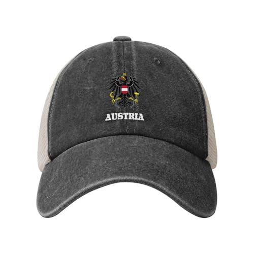 Coat of Arms Austria Austrian Washed Denim Mesh Hat for Men Women Adjustable Funny Baseball Cap Curved Bill Mesh-Back Trucker dad Hats Black