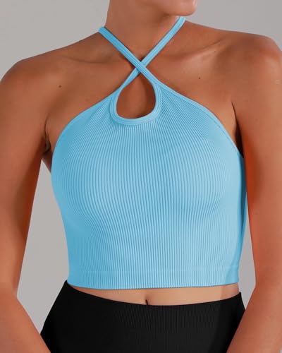 Image of Sunzel Ribbed Crop Tank Top for Women Seamless Racerback Camisole | Buttery Soft Nylon Spandex, Opaque No See Through, Stays in Place, Unpadded, Slim Fit, No Shrink, Yoga Workout Gym Casual