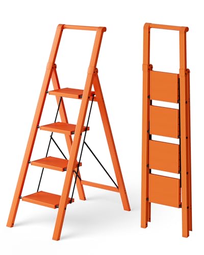 HillhutApex Aluminum 4 Step Ladder, Step Stool Foldable Ladder(Orange)