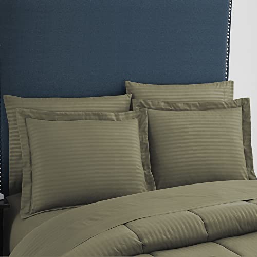 Image of Sweet Home Collection 8 Piece Comforter Set Bag Stripe Design, Bed Fitted, 1 Flat Sheet, 2 Pillowcases, 2 Shams, King, Dobby Sage