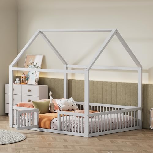 MQLAE Kinderbett 140 x 200, Massivholzbett Bettgestell Bett mit Lattenrost, Doppelbett Hausbett mit Türchen, Kiefer Massiv Holzbett für Jungen oder Mädchen, Weiß