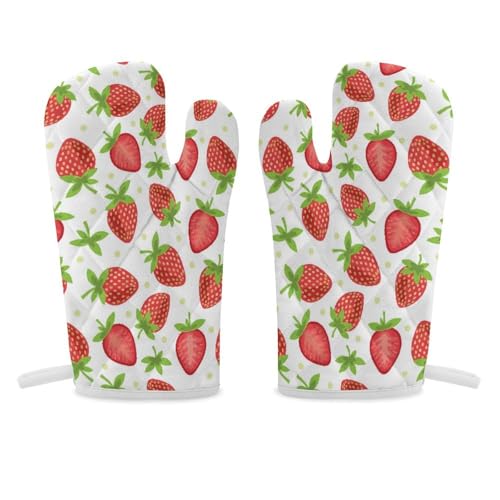 オーブンミット いちご柄 鍋つかみ オーブン手袋 耐熱ミトン オーブングローブ 断熱 使い勝手 耐久性 着脱簡単 防水 厚手 吊り下げループ付き シェフ用 キッチン用品 男女兼用 2枚セット