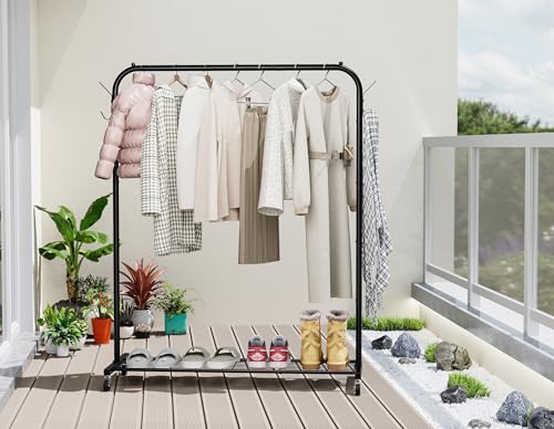 Clothes Rail, Portable Clothes Rack with Hook and Metal Storage Shelf, Heavy Duty Clothes Rail on Wheels, Clothing Rail Clothes Rails for Bedroom, Hanging Rails for Clothes, Holds up to 40 kg, Black - Image 5