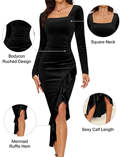 NASHALYLY Elegant Velvet Dress for Women,Sexy Long Sleeve Bodycon Mermaid Dress Ruched Cocktail Party Wedding Square Neck4