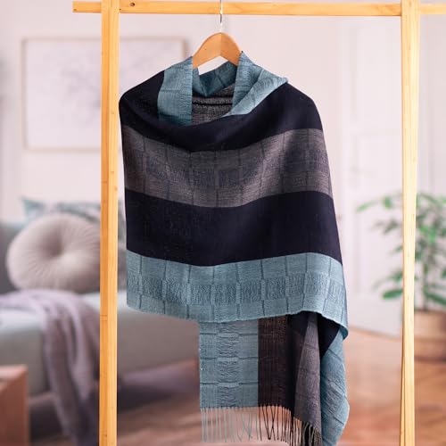NOVICA Artisan Crafted Handmade Peruvian Alpaca Shawl | Wool Patterned Accessories Shawls | Warm Cozy | Rich Blue Spectrum | Fine Soft Fleece | Patternd Striped | Peru ' Huancayo Blues' 75" L x 27" W2