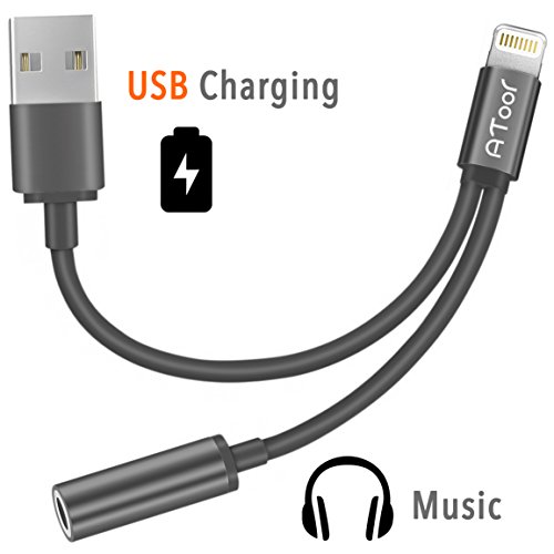 2 in 1 Lightning iPhone 7 Adapter, ATOOL Lightning to 3.5mm and USB Charger Audio Earphones Jack Cable [No Music Control] for iPhone 7 / 7 Plus - Black