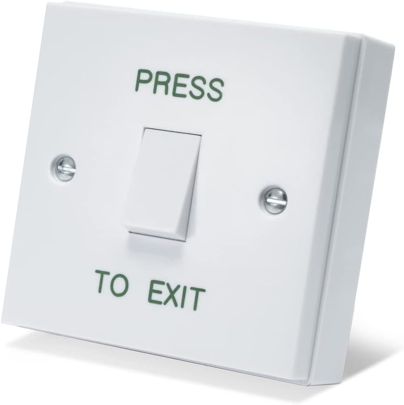 PRESS TO EXIT Button - Gloss White Plastic Door Release Switch - Perfect for Access Control Systems in Commercial & Residential Settings - Easy Surface Mount Installation