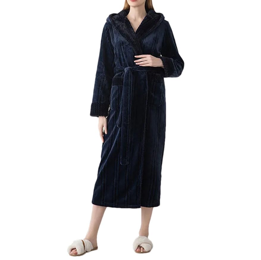Dninmim Mens Thick Flannel Couples Long Robe Winter Casual Warm Sleepwear Solid Coral Fleece Bathrobe