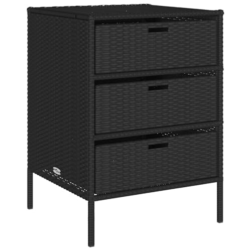 vidaXL Garden Storage Cabinet: Outdoor Storage Solution with 3 Drawers, Black PE (Poly) Rattan Cabinet for Patio, Deck, Balcony, Powder-coated Steel Frame