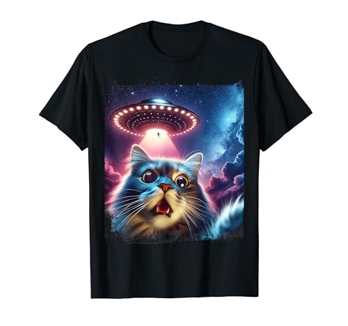 Divertente gatto selfie con UFO rapimento alieni Maglietta