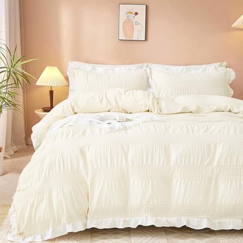 Image of Guchuang Bedding Cream White Seersucker Duvet Cover Set Double Size, Ruffled Trim 3-Piece Microfiber Bedding Set - Wrinkle-Resistant & Lightweight Design with Hidden Zipper (Double, 200x200cm)