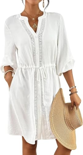 Image of Bsubseach V Neck Drawstring Waist Lace Trim Beach Shirt Dress White L