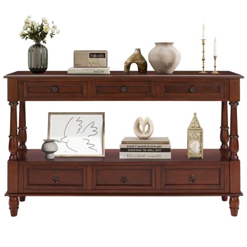 LKTART 54'' Solid Wood Console Table, Farmhouse Entryway Table with 6 Drawers and Shelf, Narrow Long Sofa Table with Storage for Living Room Hallway, Couch, Foyer (Cherry)