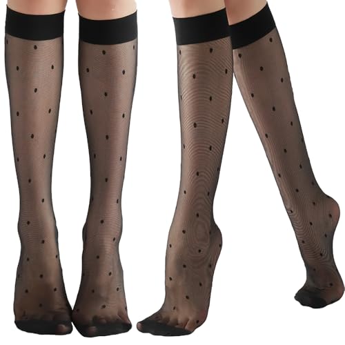 ZIHUA Lot de 4 paires de chaussettes montantes en nylon à pois pour femme 20 deniers, Point noir., Taille unique