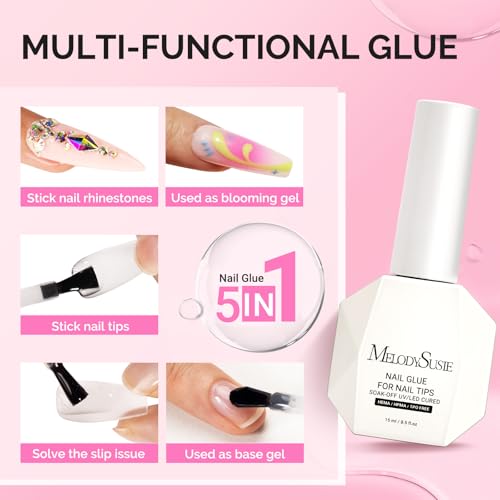 Image of MelodySusie 3Free 5 in 1 Nail Glue Gel for False Nail Tips, NO Hema HPMA TPO, Super Sticky and Strong Adhesion, Rhinestone, Blooming Gel, Base Coat, UV Lamp Curing Needed,2 Pcs 15ml