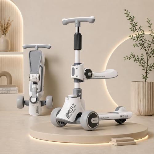 Image of 3-in-1 Convertible Foldable Kids Skating Style Cycle Kick Scooter for 3-14 Years Old Kids with 5-Level Height Adjustable Handle | LED PU Flashing Wheels | Max Capacity 75 Kg.(Grey)