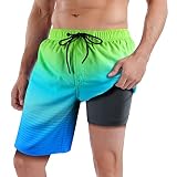 QRANSS Swim Trunks for Men 9 Inch 2 in 1 no Chafing Elastic Waist Quick Dry Swim Shorts with Boxer B