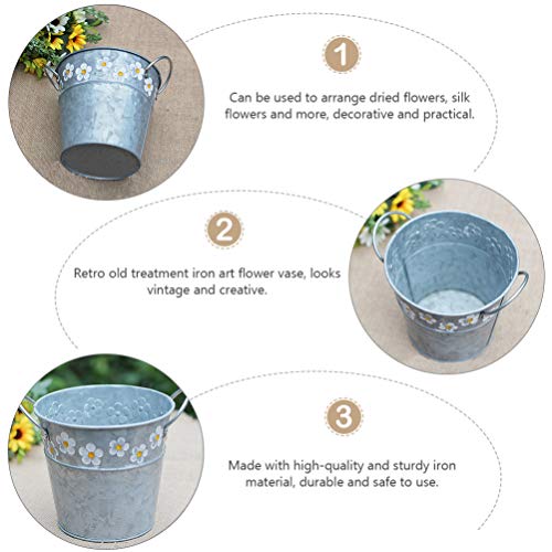 Yardwe Vintage Decor 2Pcs Galvanized Planter Metal Flower Pot Embossed Vintage Bucket Daisy Pattern Planter Indoor Outdoor Home Decoration Flower Pot For Garden Balcony Patio Lawn Home Decor #TOP6