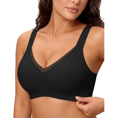 LUCKMEEY Jelly Wireless Bras for Women V Mesh Bralette with W-Shape Support, No Underwire Seamless Wide Strap T-Shirts B